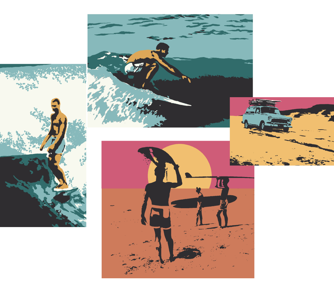 Illustration of surfers and beach scenes in a retro style.