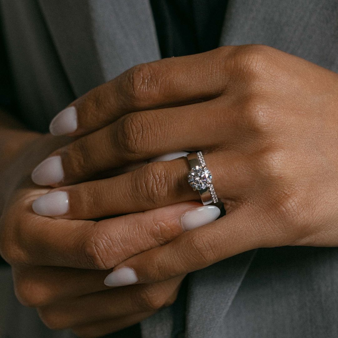 Wide Low Profile Engagement Ring with Slim Diamond Wedding Band