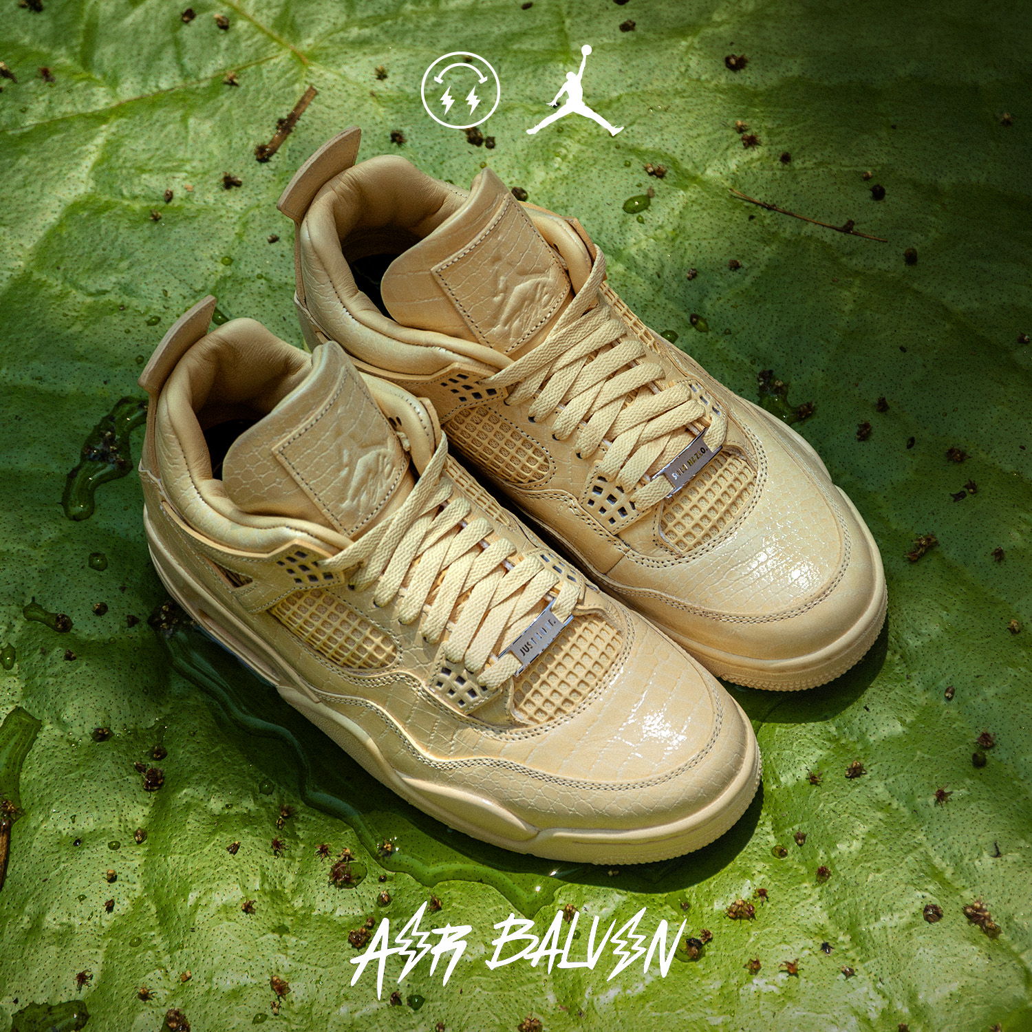 Beige Air Jordan 4 sneakers on a green leaf background.