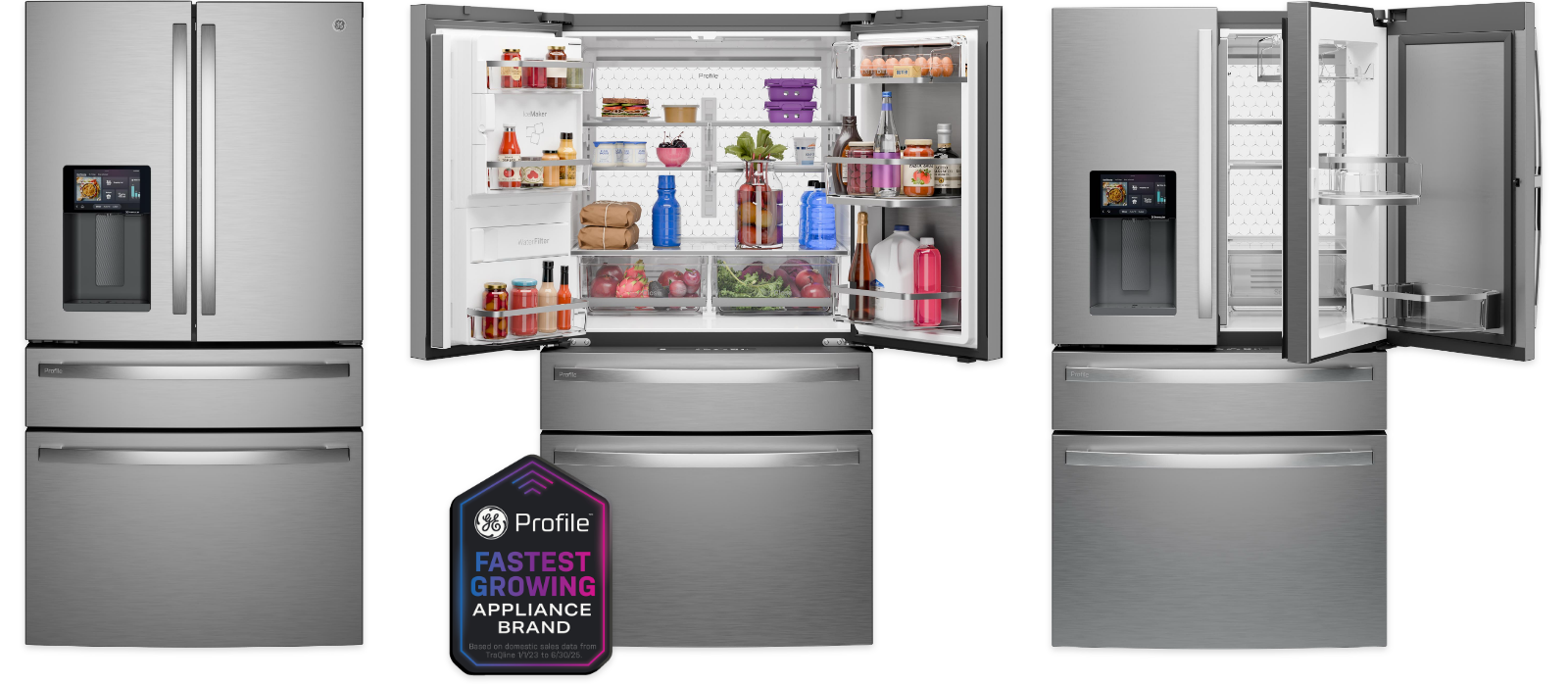 Three-door refrigerator with open shelves and various food items inside.