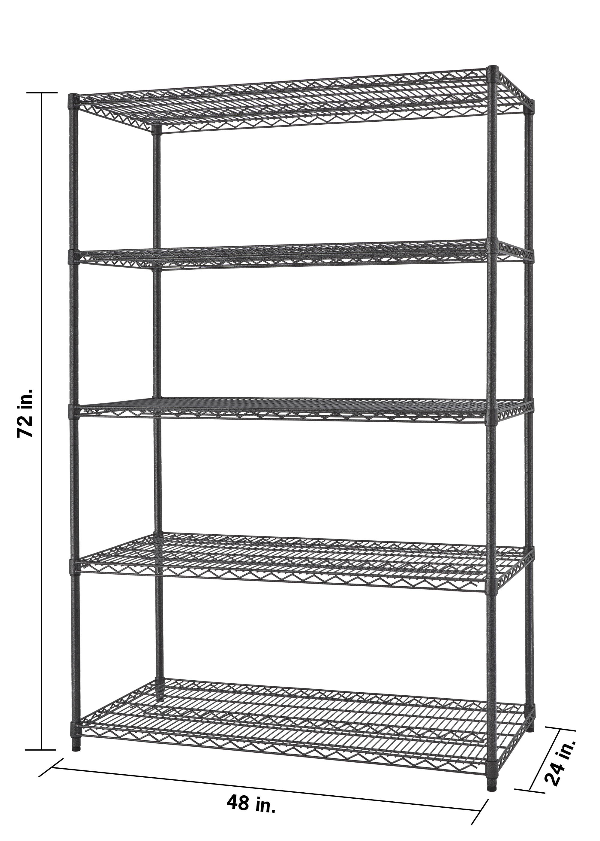 72 inchec high 48 inches wide by 24 inches deep black wire shelving rack with 5 shelves