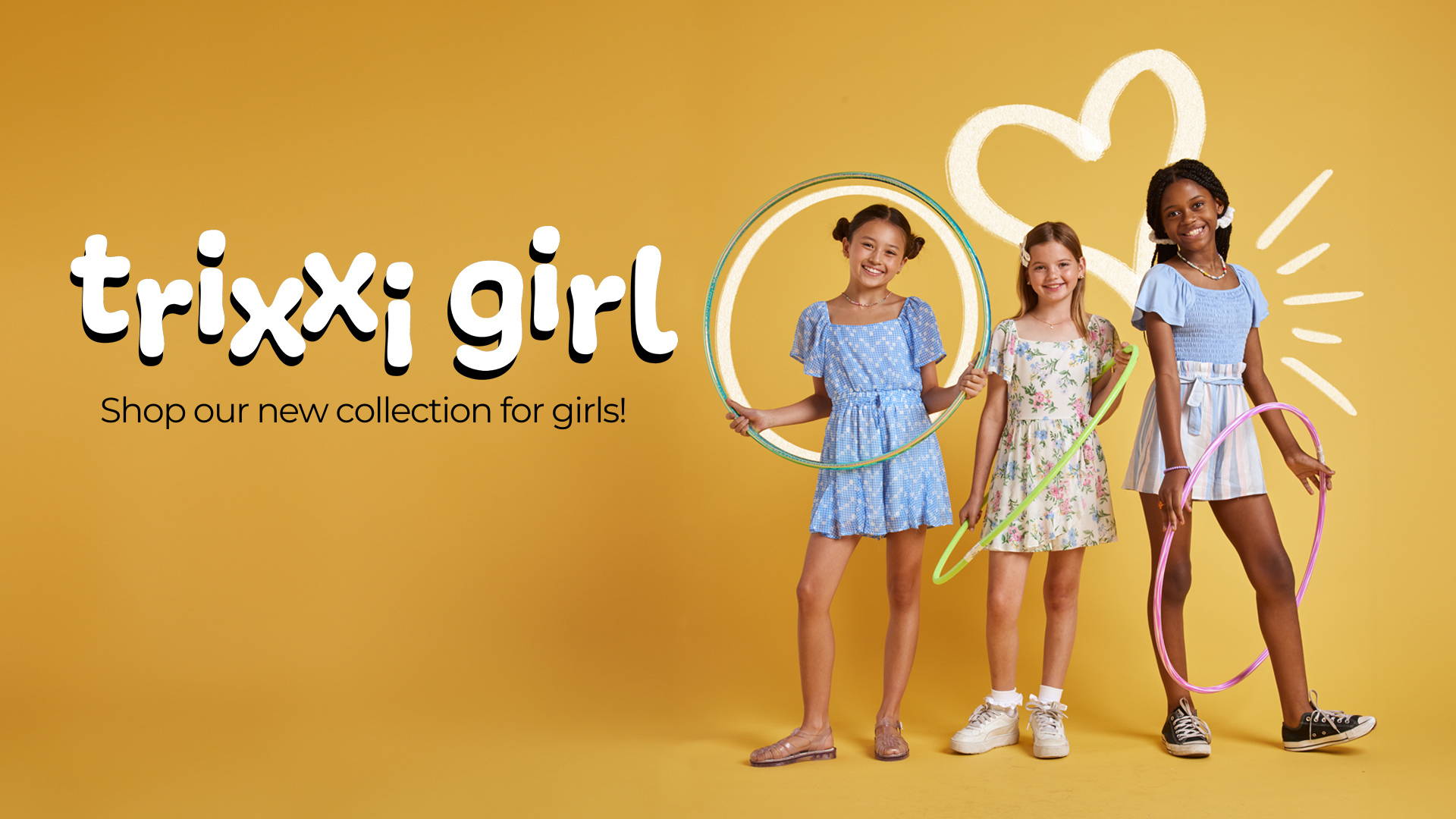 Trixxi girl collection, shop our new collection for girls link with three girls in Trixxi floral dresses for girls sizes playing with hoola hoops.