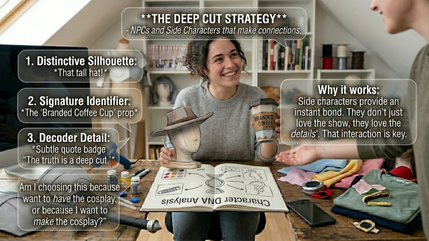 Person planning cosplay using the deep cut strategy to explore lesser-known characters and unique fandom choices