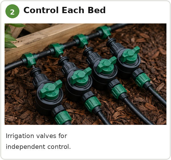 Irrigation valves for independent control of each bed.