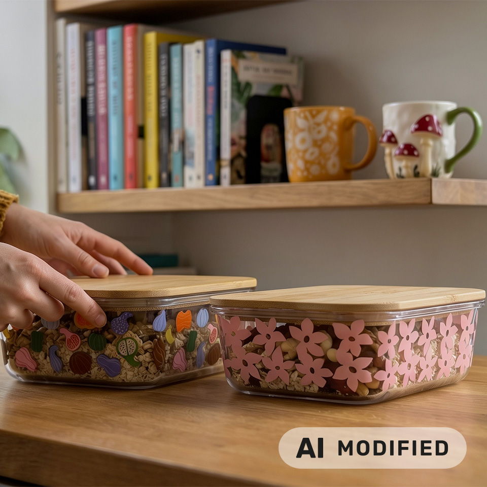 Des mains placent des contenants alimentaires décorés sur une étagère en bois avec des livres et des mugs.