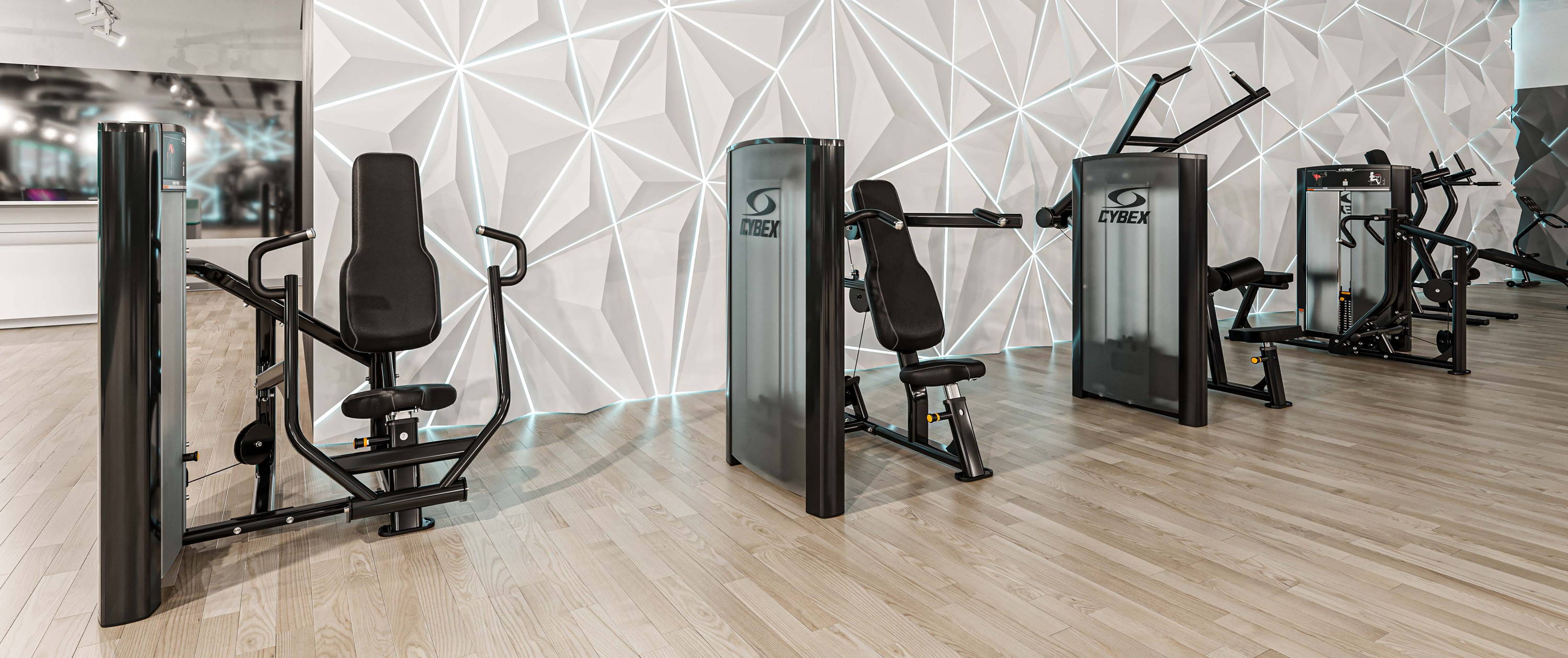 Cybex Ion Series selectorized exercise machines lined up in gym, black frame / black upholstery