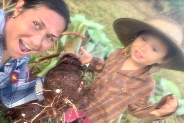Farmer and child holding taro corm