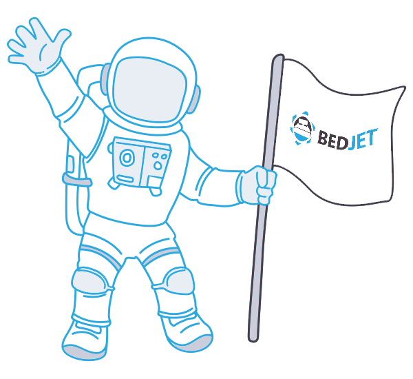An illustration of an astronaut wearing a spacesuit and holding a white flag with the BedJet logo on it