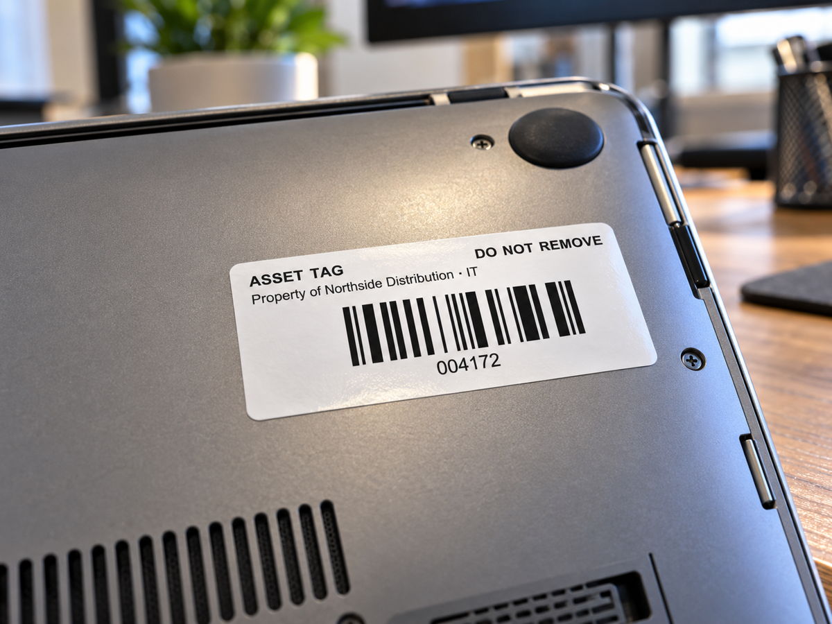 A polyester asset tag on the underside of a laptop.
