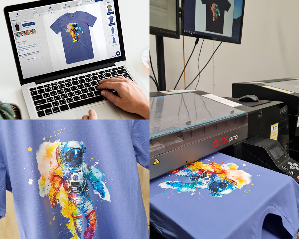 A trio of images including a laptop displaying a colourful astronaught graphic placed onto a lilac t-shirt in design software, the same graphic emergying printed on a shirt from a GTX pro printer, and that same printed t-shirt hanging up.