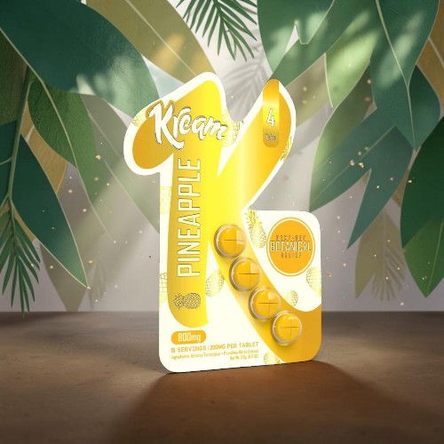 Pineapple-flavored candy package with tropical background.