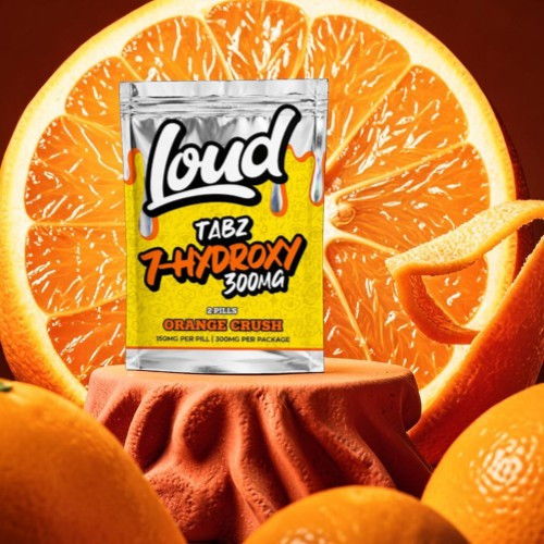 A package of Loud! Tabz 7-Hydroxy surrounded by oranges.
