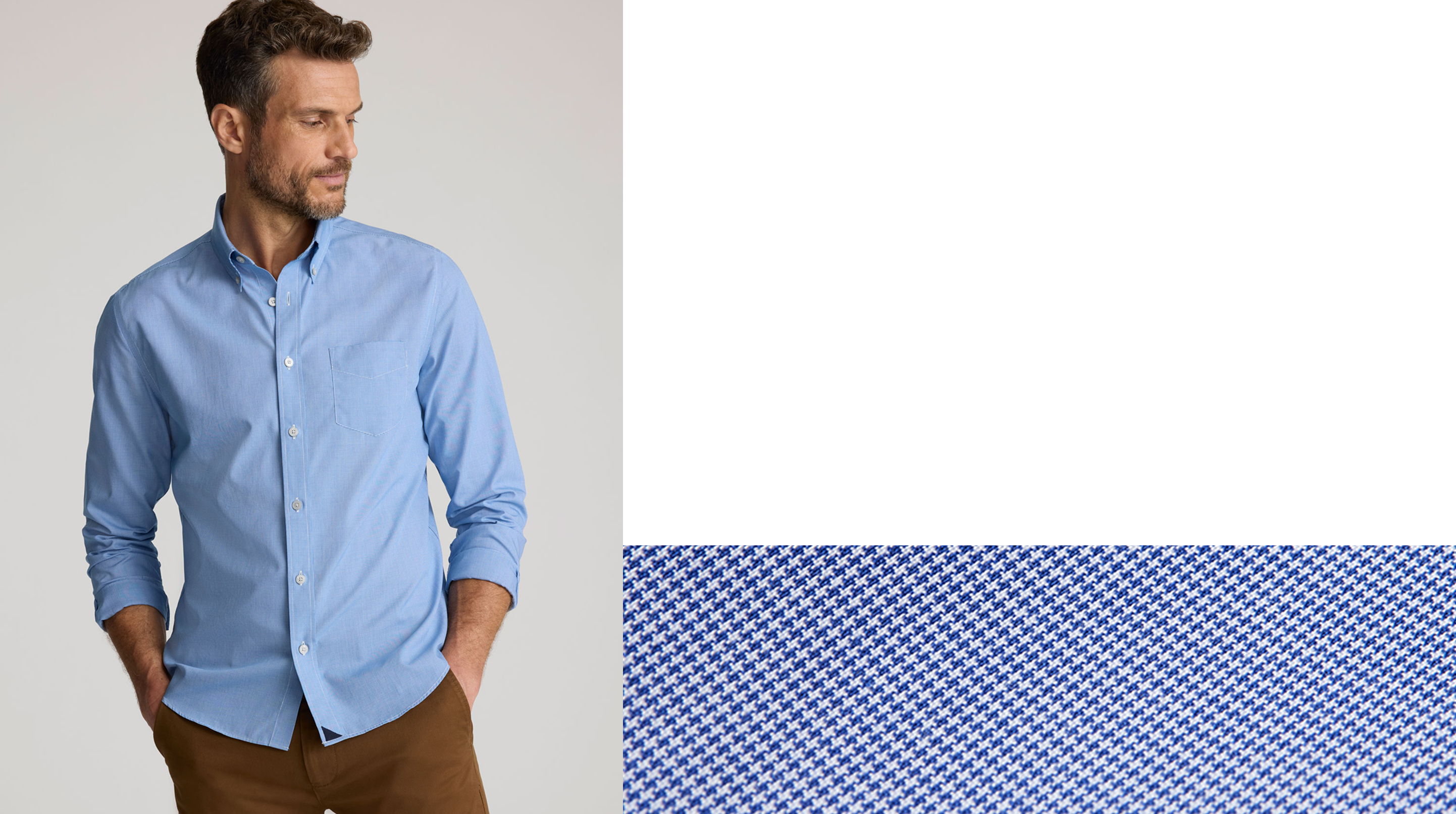 Man wearing a light blue shirt with brown pants, standing confidently.