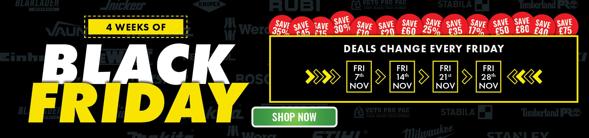Black Friday promotional banner with countdown timer and sale details.