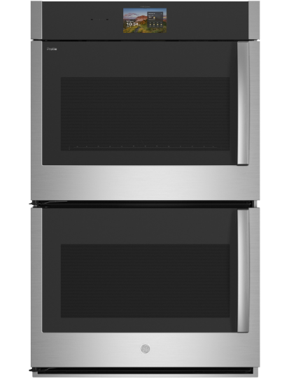 A modern double oven with a sleek stainless steel design.