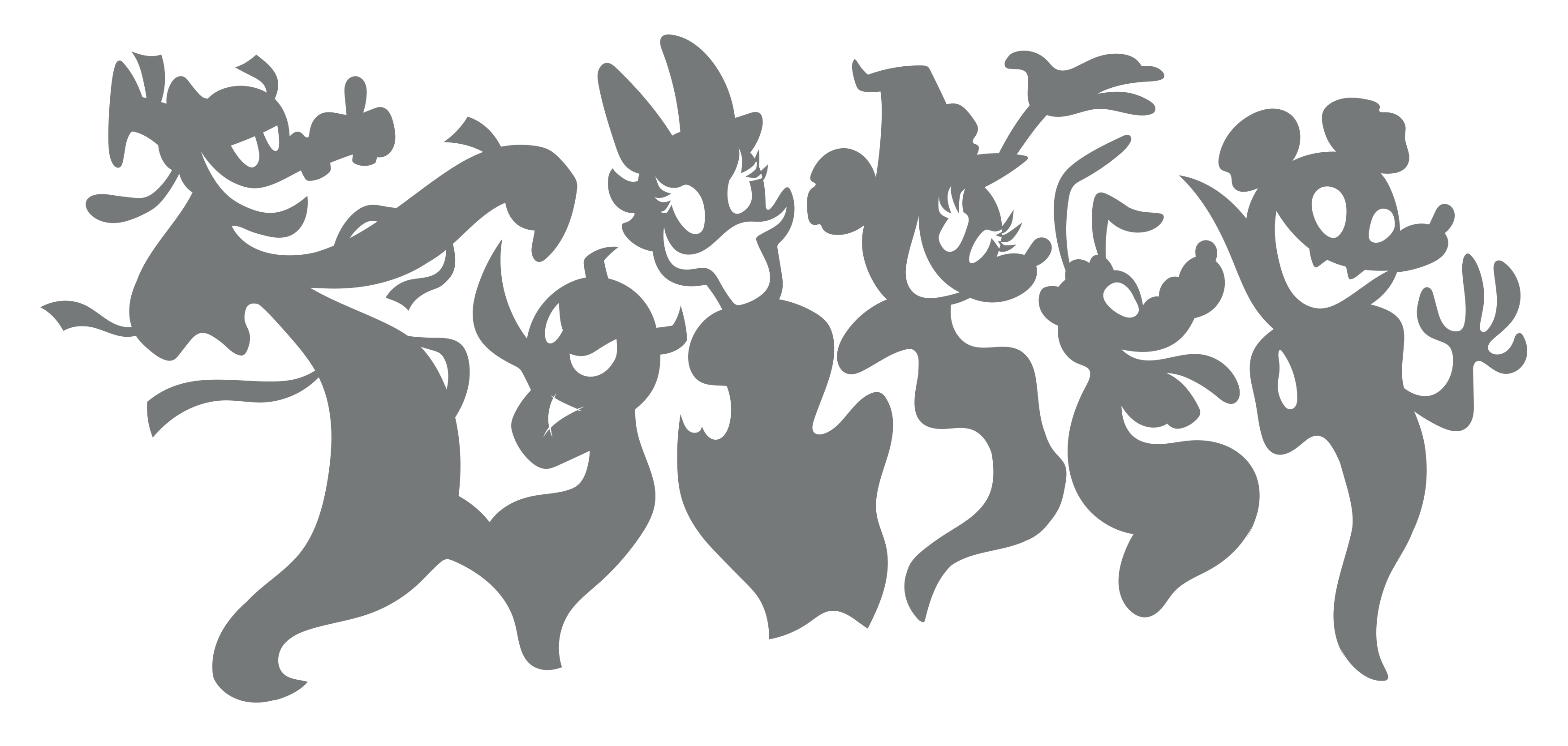 Silhouettes of people dancing joyfully in various poses.