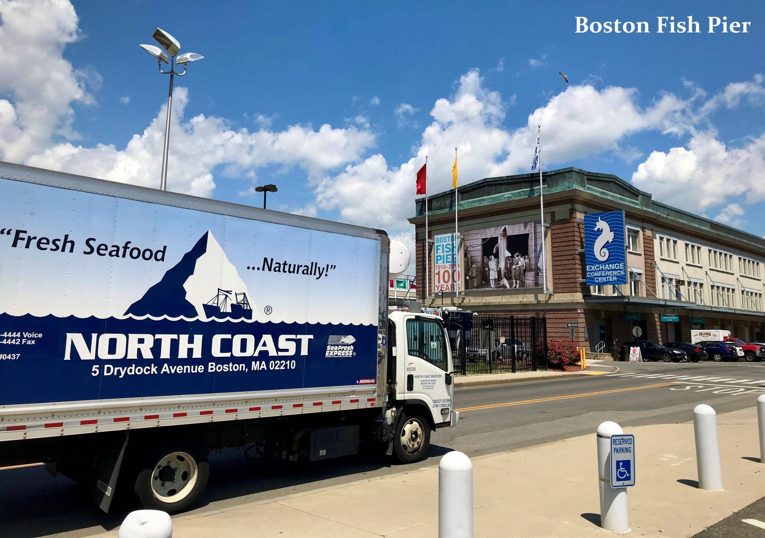 North Coast Seafood truck picking up in front of the Boston Fish Pier