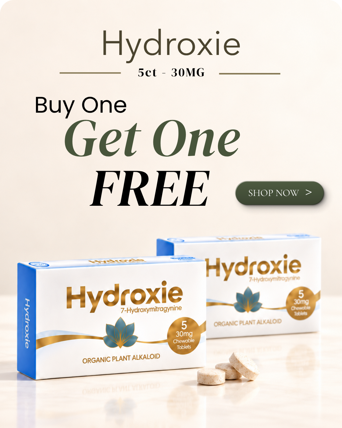 Hydroxie product promotion: Buy one, get one free.