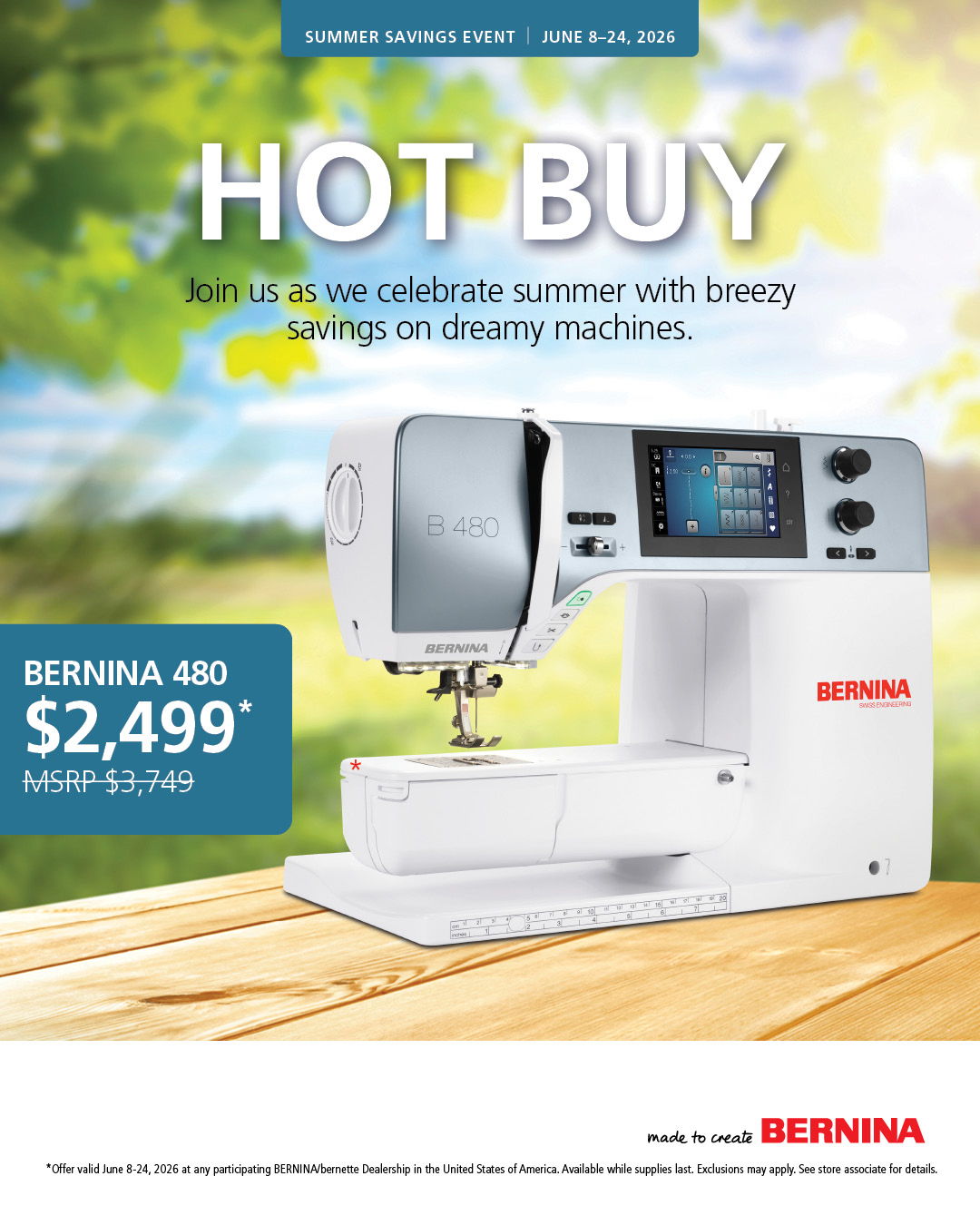 Advertisement for Bernina 480 sewing machine with pricing and promotional details.