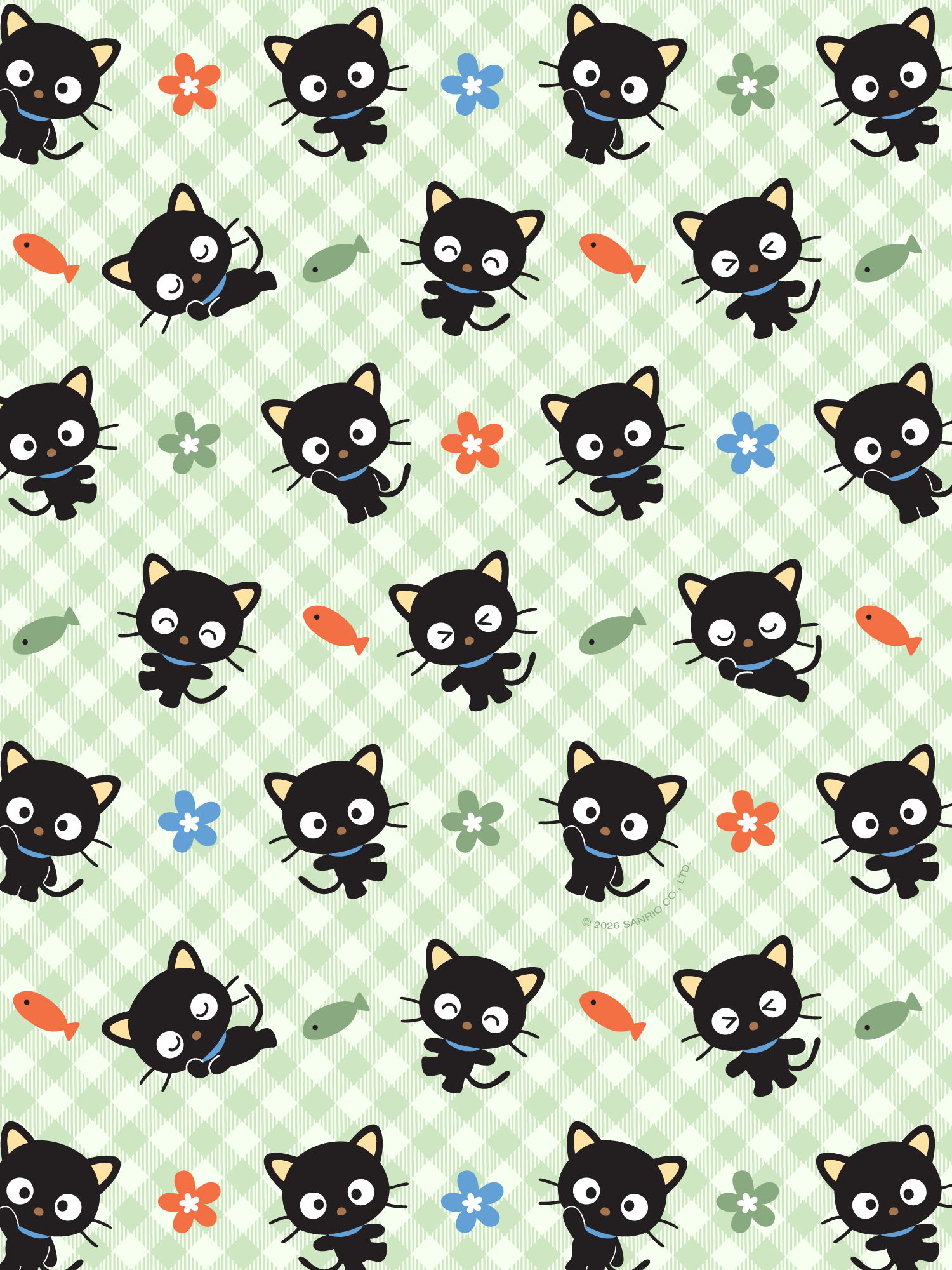 Pattern of cartoon black cats with flowers and feathers on a green background.