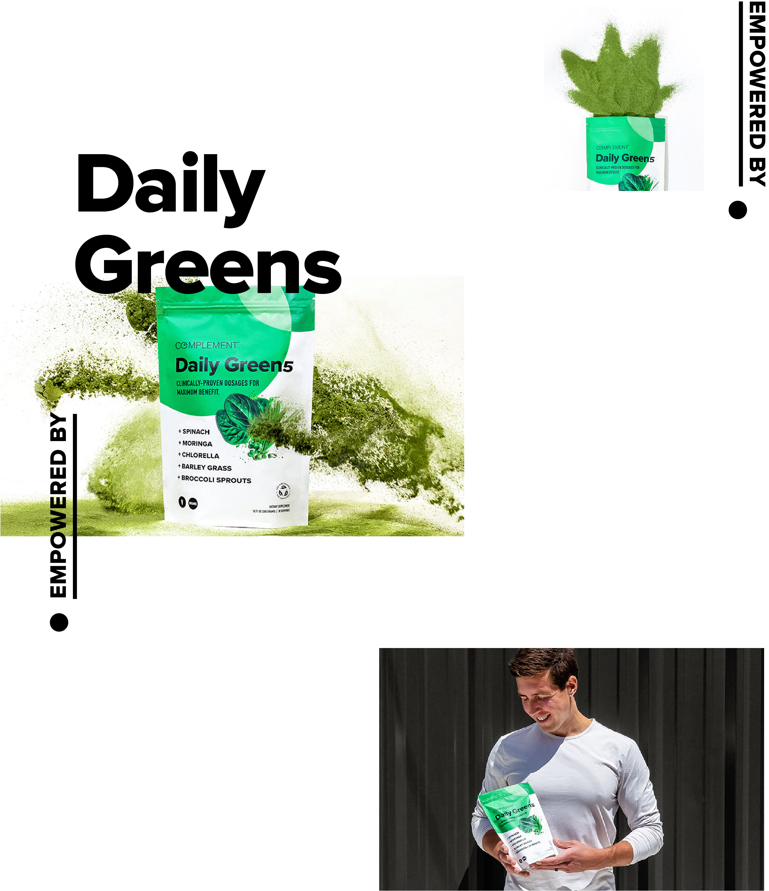 collage of daily greens, with product and our ceo holding it