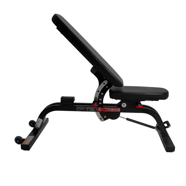 Adjustable workout bench with a black padded seat and sturdy frame.