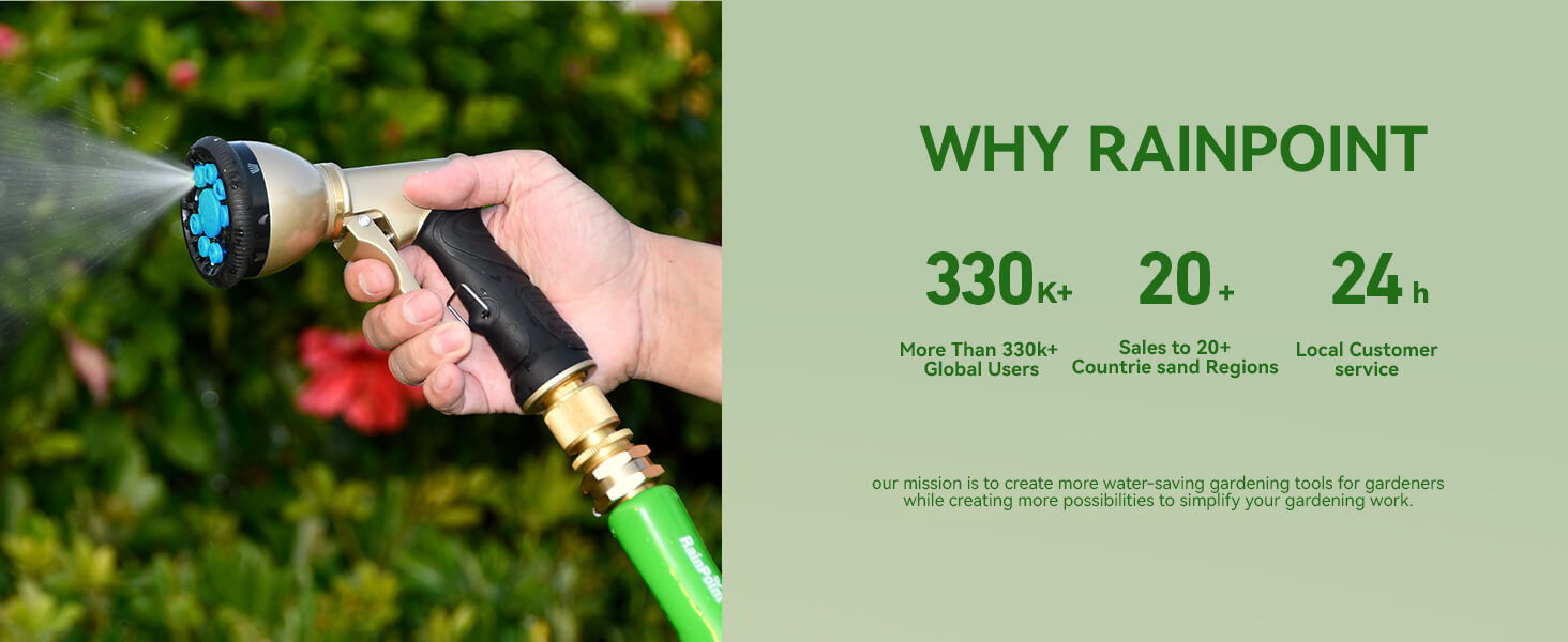 Person holding a garden hose sprayer with text about Rainpoint features.