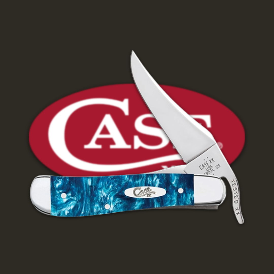 A folding knife with a blue handle next to a red CASE logo.
