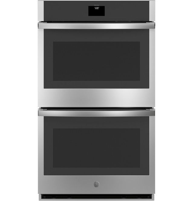 A stainless steel double oven with black glass doors.