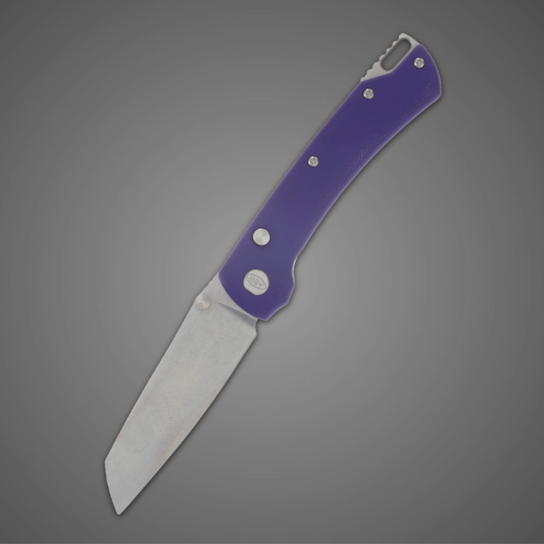 A folding knife with a purple handle and a silver blade.
