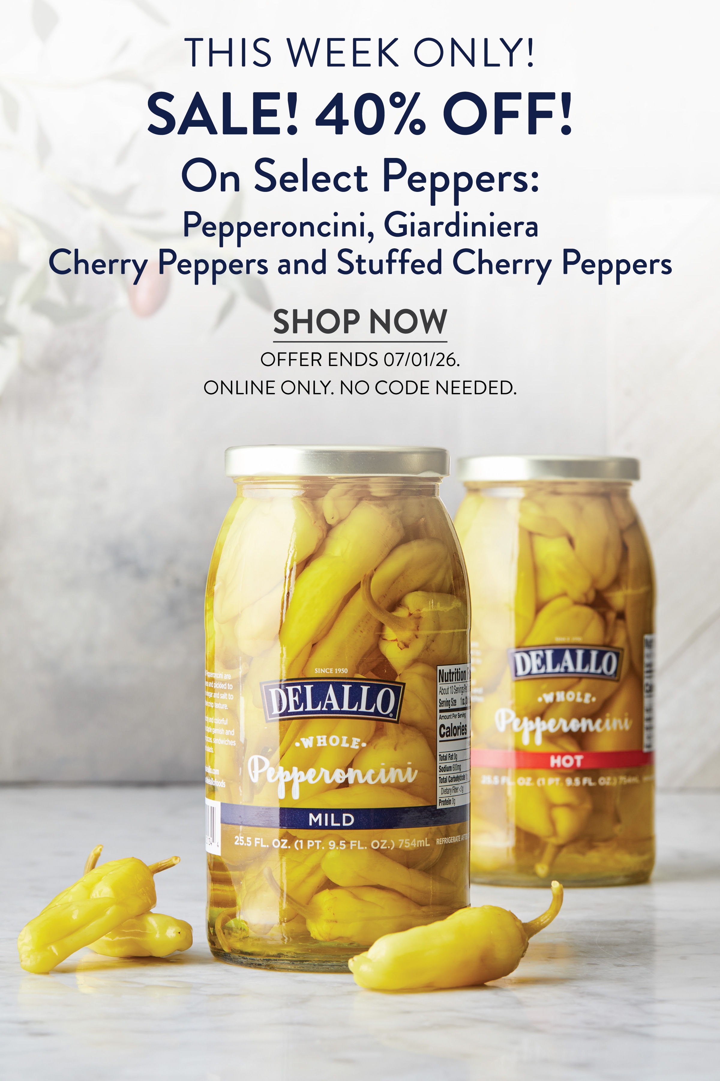 Sale advertisement for peppers with jars and promotional text.