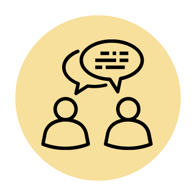 Two people in conversation with speech bubbles on a yellow background.