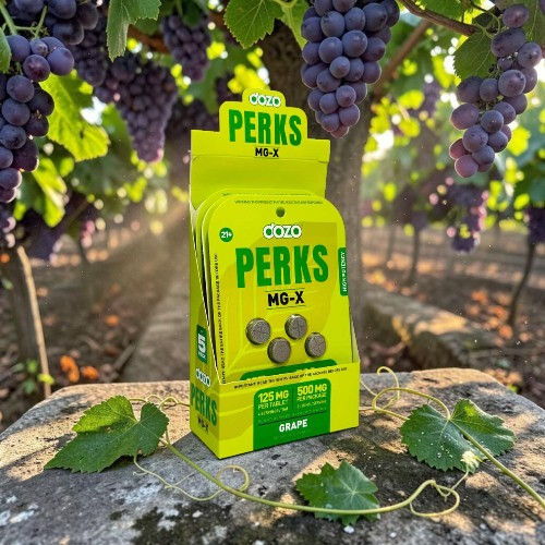 Perks MD-X packaging in a vineyard with grapes.
