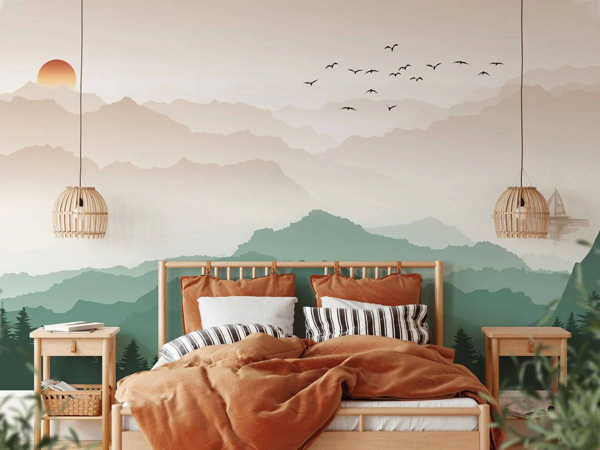 papier peint chambre montagne brume terracotta