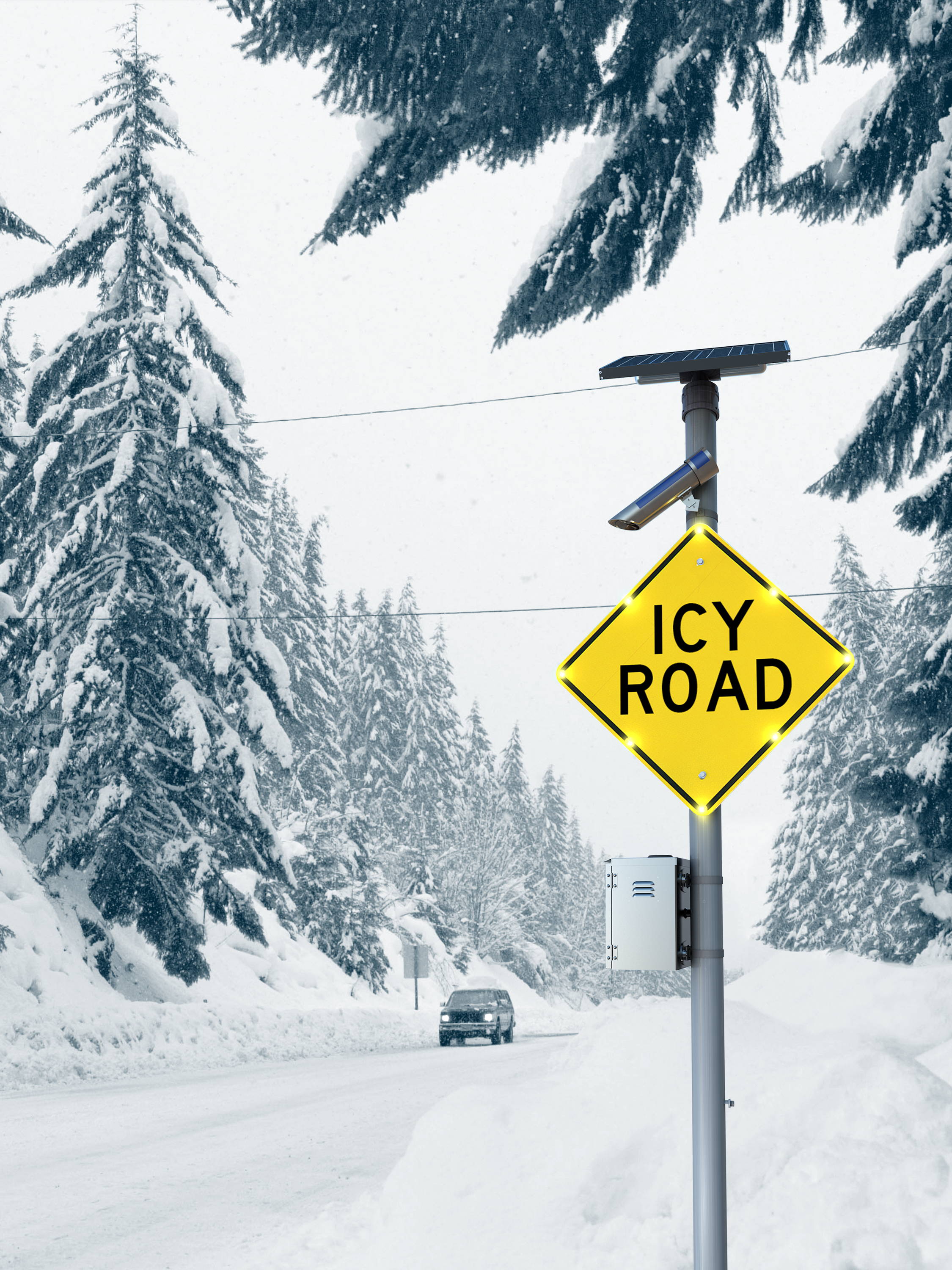 An ice road warning sign in place to warn drivers of adverse driving conditions.