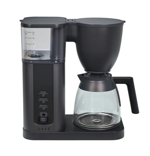 Black coffee maker with glass carafe and control panel.