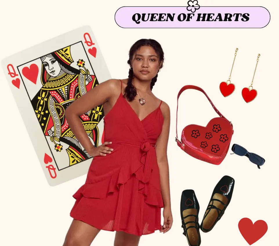 trixxi queen of hearts costume inspiration, Trixxi red ruffle dress, red heart purse, and heart earring accessories. 