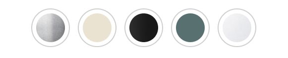 Five circular color swatches: gray, cream, black, teal, and white.