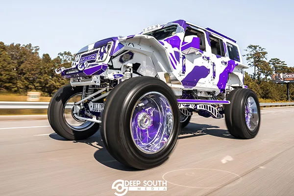 Driving highway white purple lifted Jeep Wrangler chrome wheels RECON roof lights Chad's 2017 Wrangler Conductor's Special 244K Spare Tire Delete train horn kit gallery photo 3