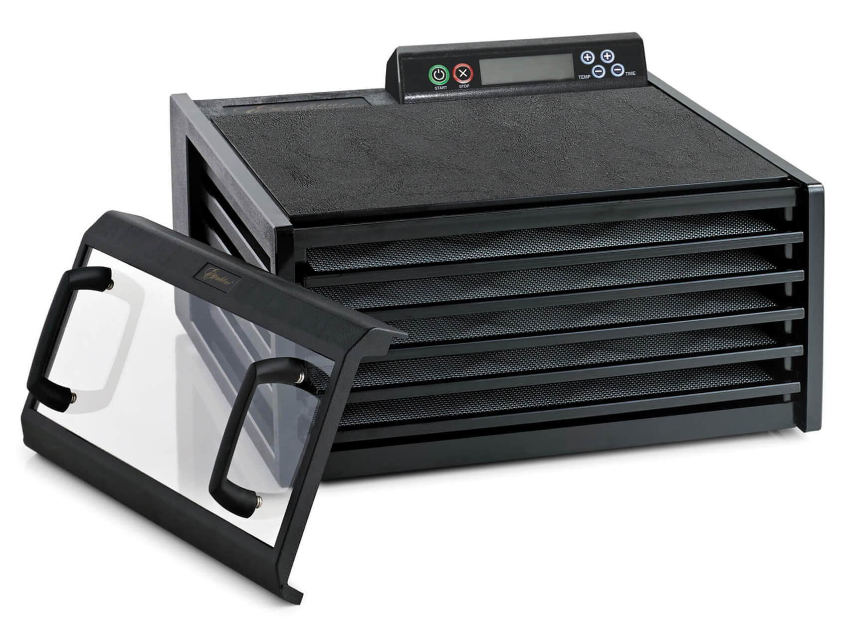 Excalibur 4548CDB 5 tray digital dehydrator with clear door propped to the side.