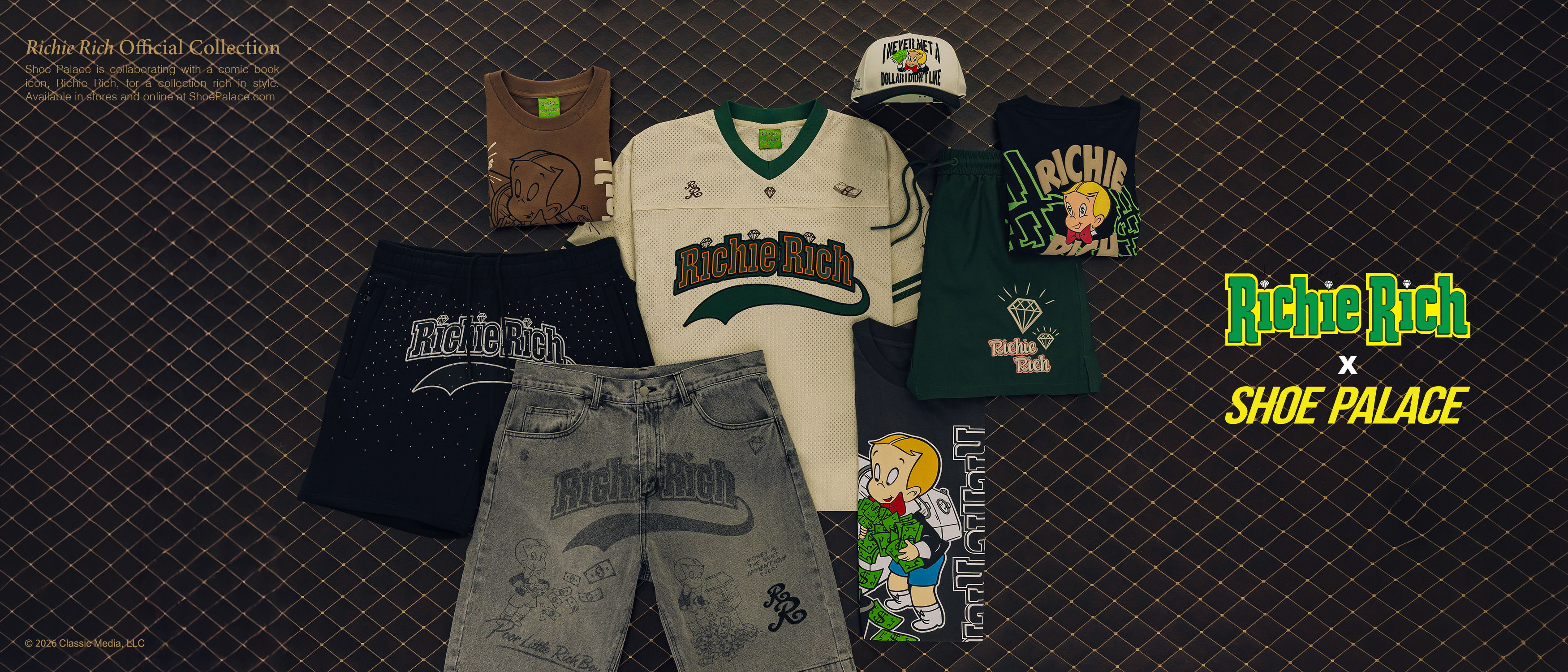 Clothing items displayed, including shirts, shorts, and accessories.