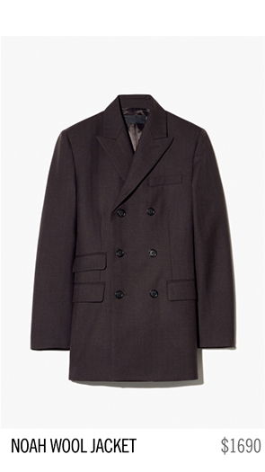 Black double-breasted wool jacket by Noah, priced at $1690.