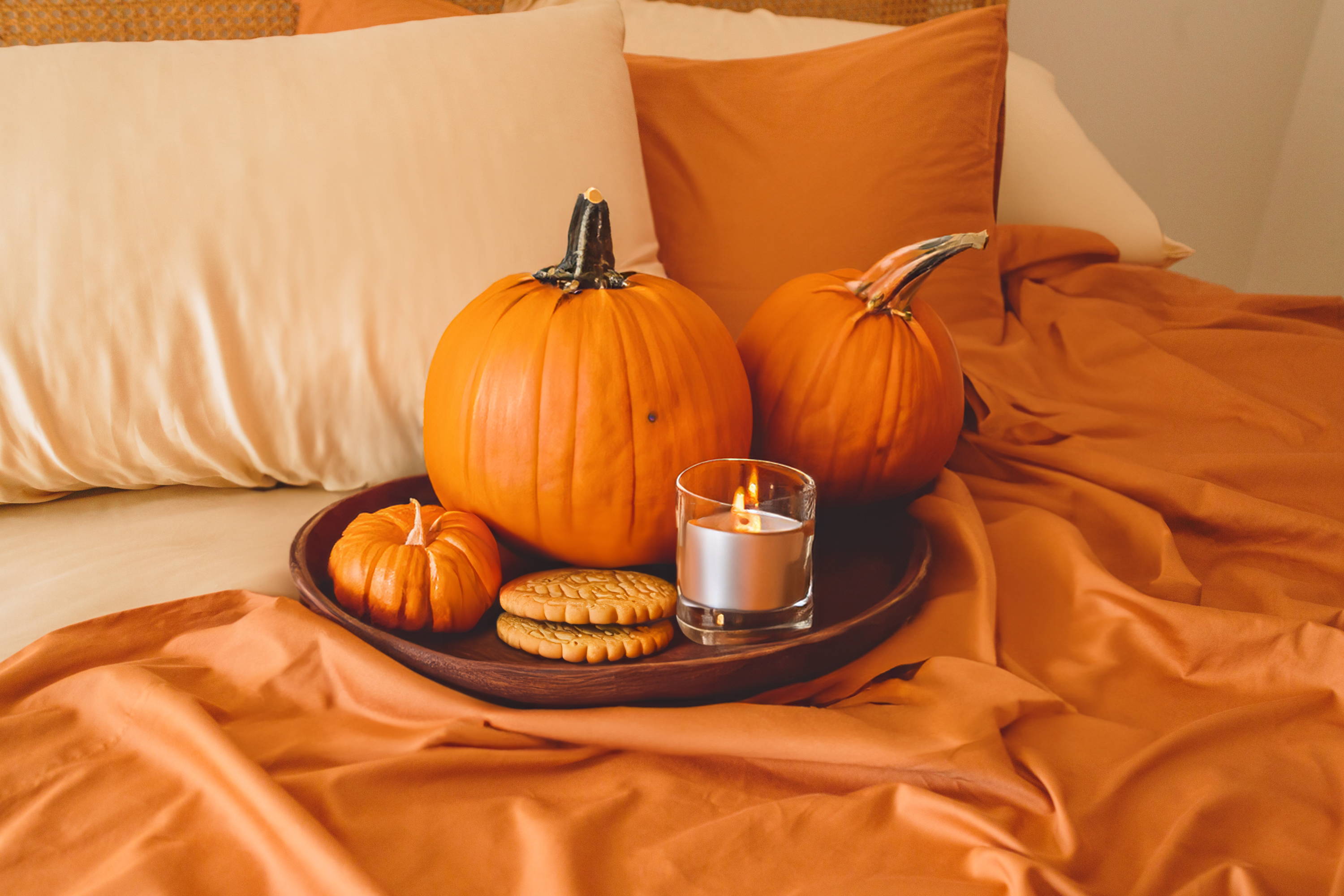A tray of pumpkins and fall decor rest on top of the sateen organic cotton sheet set in terracotta