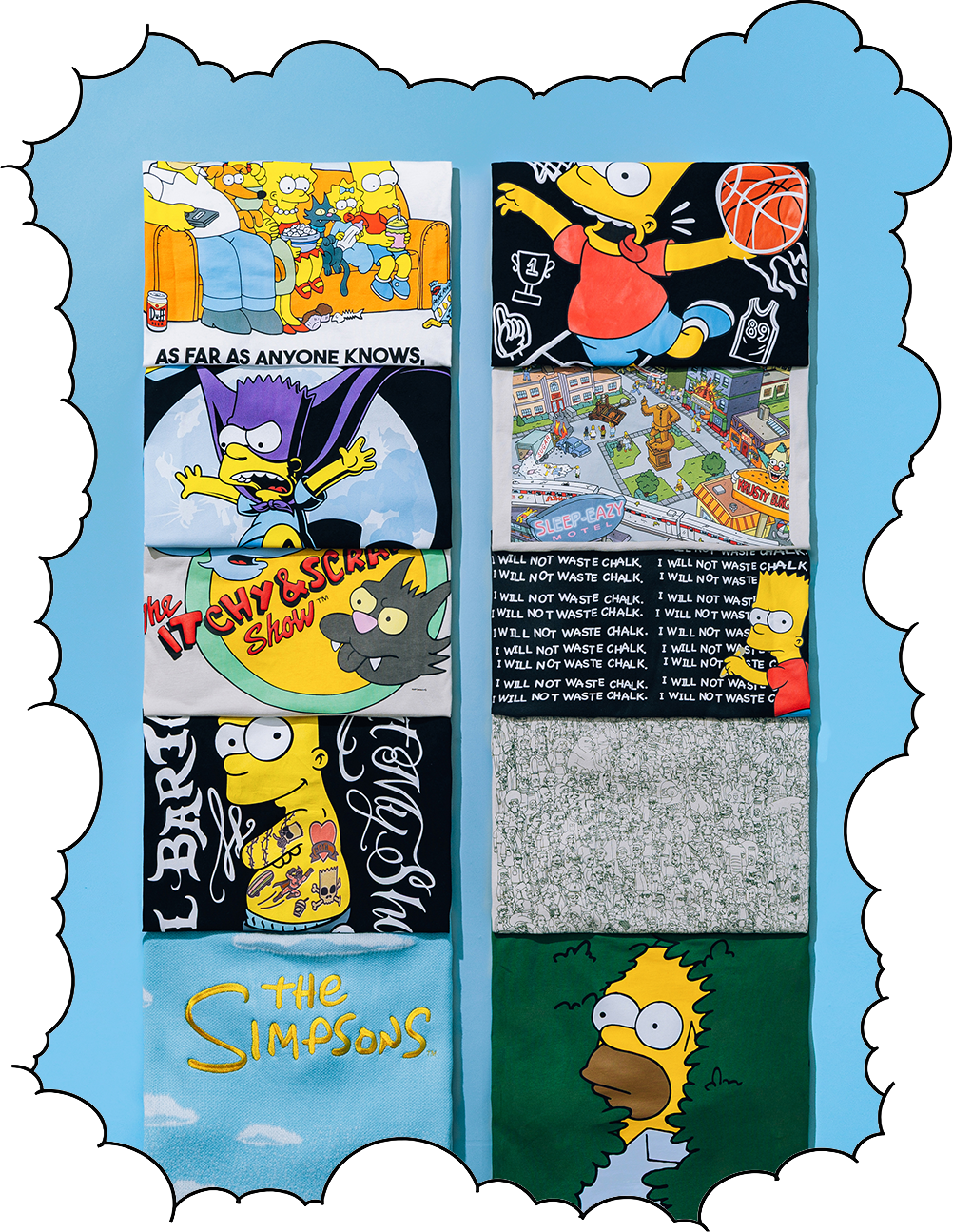 Collage of Bart Simpson-themed t-shirts featuring various designs and colors.