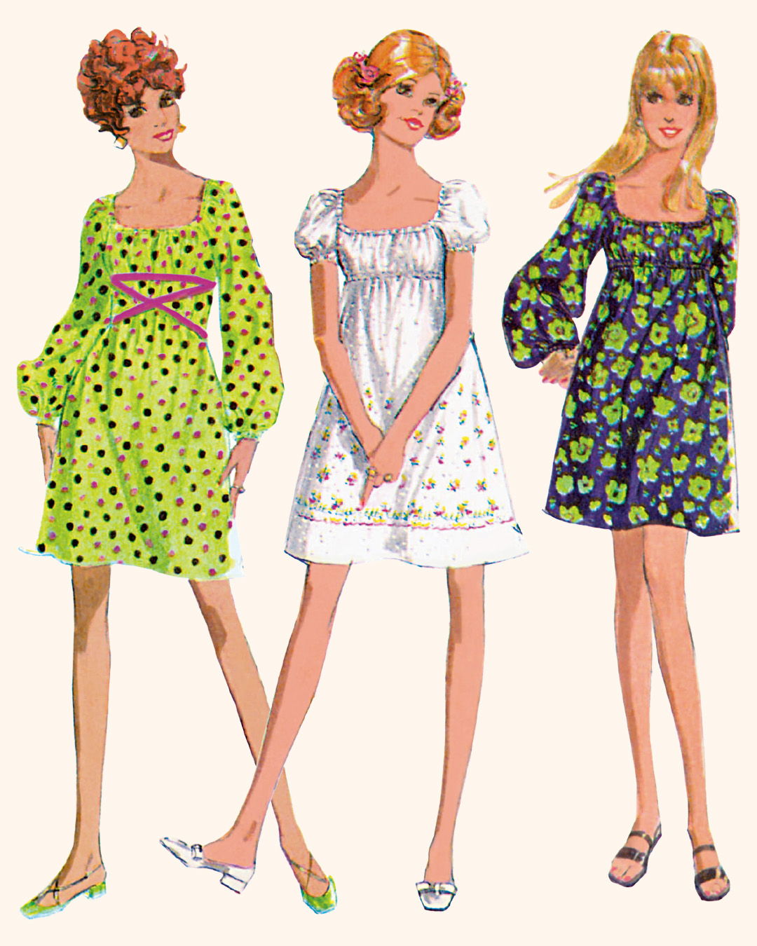 Three illustrated women wearing colorful dresses with different patterns and styles.