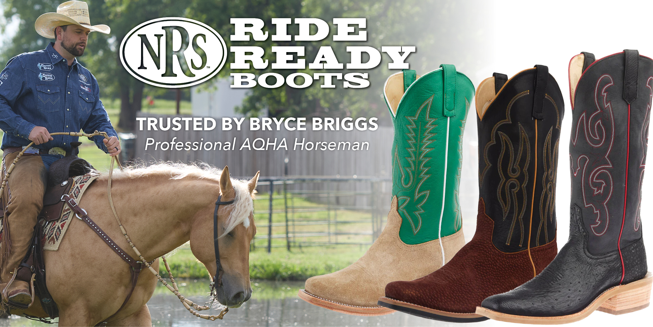 A cowboy on a horse next to various cowboy boots.