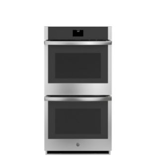 A stainless steel double oven with digital controls.