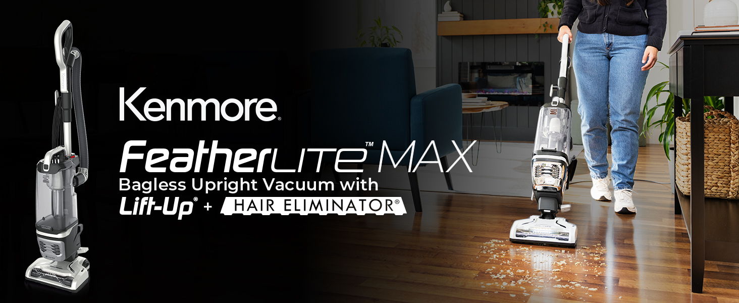 Kenmore FeatherLITE MAX vacuum cleaner in use on a wooden floor.