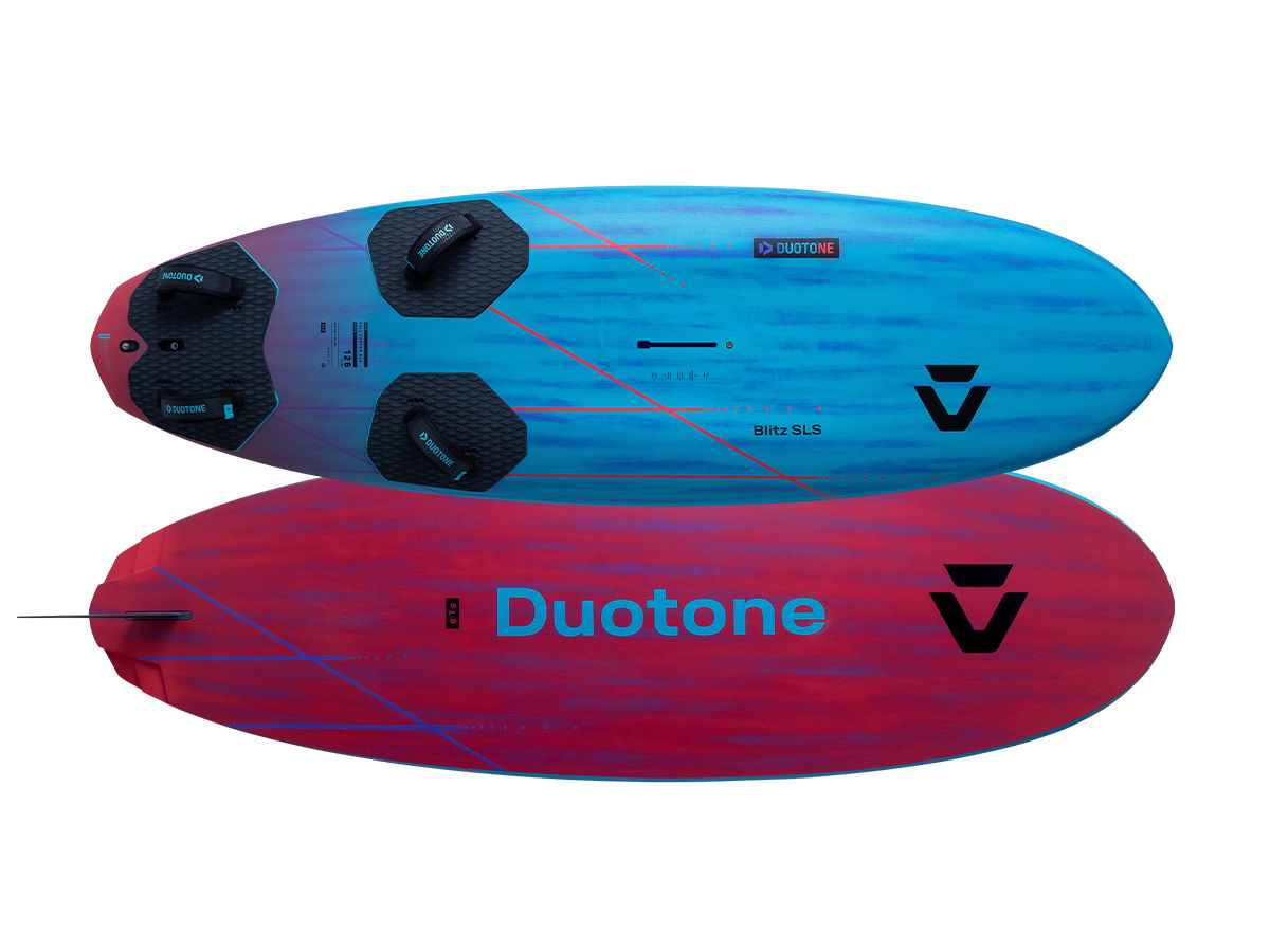Ductone kiteboard in blue and red, top and bottom views.