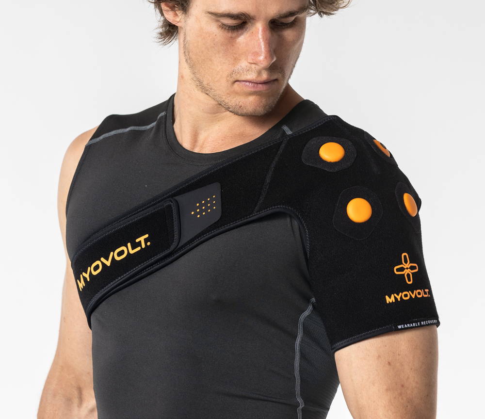 Myovolt vibration therapy shoulder brace is a breakthrough wearable sports technology for the daily treatment of shoulder muscle pain and stiffness.